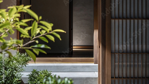 Blurred green leaves frame a traditional Japanese building. It features wooden slats, a sliding door, and a serene entryway.

