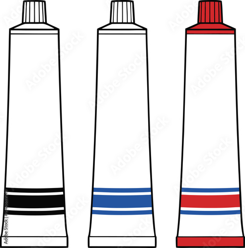 Three toothpaste tubes with colored bands dental hygiene