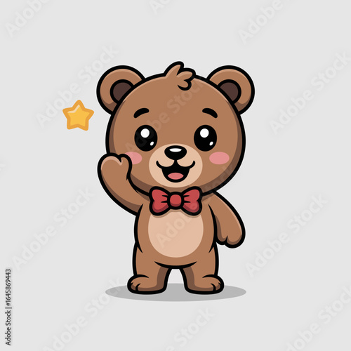 Cute cartoon bear waving with a star, playful design