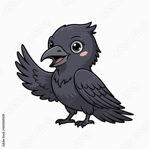 Cute cartoon crow character with wings spread, cheerful expression, black feathers, playful design, friendly animal illustration