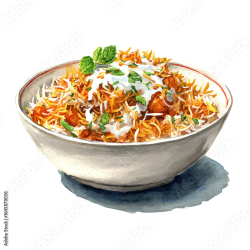 A watercolor painting of Biryani, vector illustration on white background.
