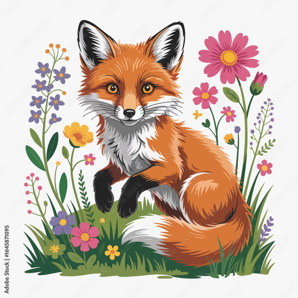 Obraz premium Fox in Flowers Illustration