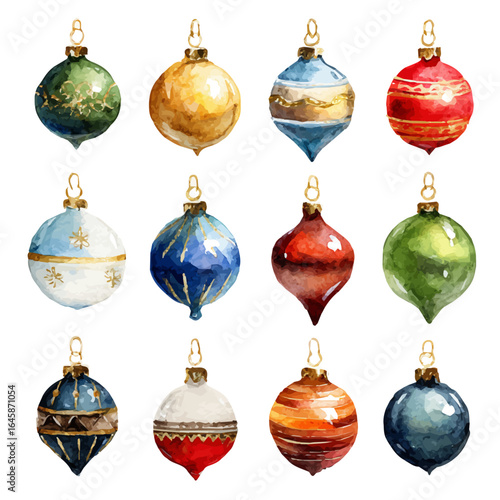A watercolor painting of Christmas Tree Ornaments, vector illustration on white background.