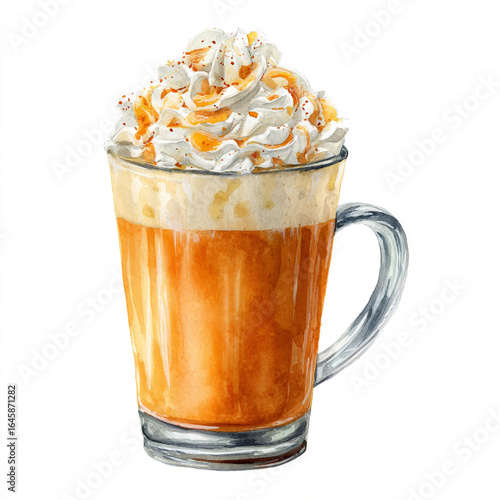 Watercolor art of pumpkin spice latte with whipped cream