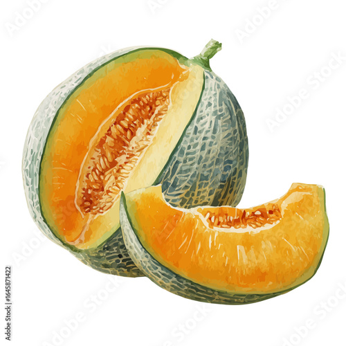Cantaloupe, watercolor painting, vector illustration, isolated on a white background.