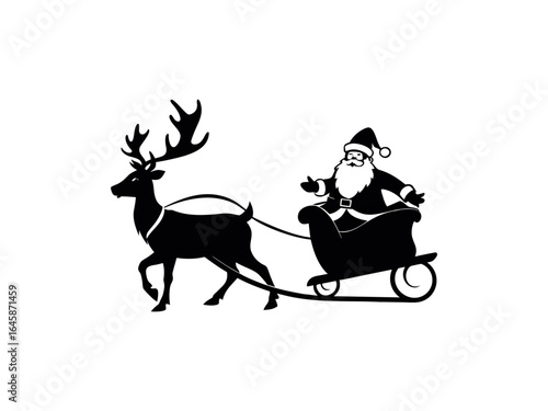 Santa Claus rides in a sleigh in a harness on the reindeer
