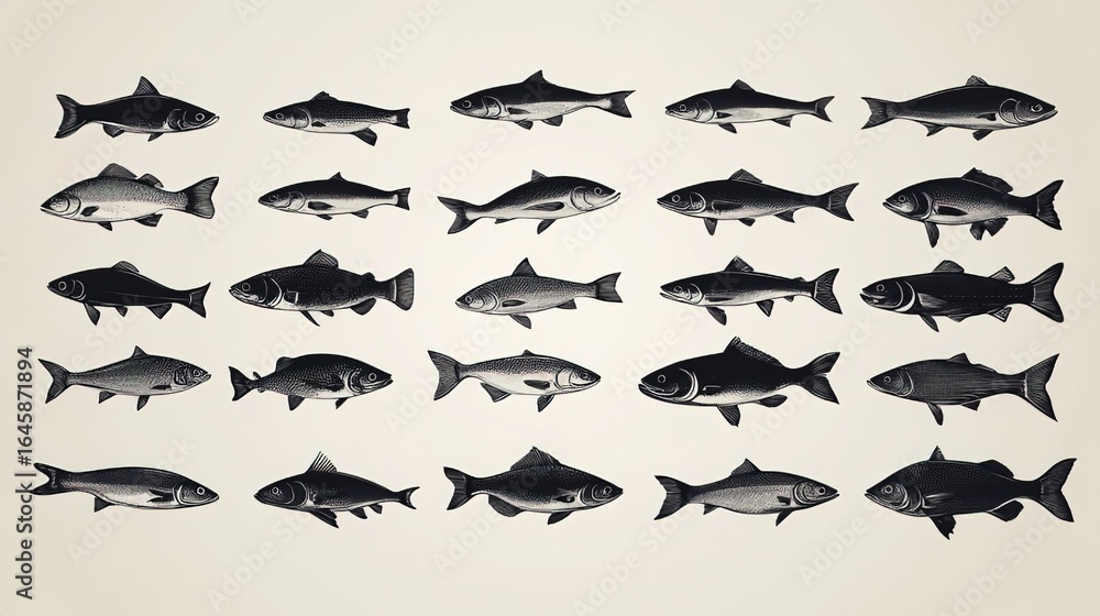 Fototapeta premium Set of Black - and - White Fish Illustrations for Design Projects 