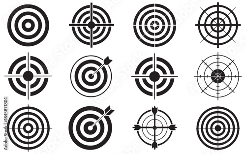 A Collection of Target Icons Ranging from Simple Concentric Circles to Crosshairs and Arrows with Varying Levels of Complexity