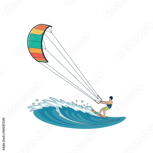 Man kitesurfing on a blue wave with a colorful kite kiteboarding water sport