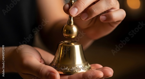 Hands delicately ringing a ceremonial golden bell invoking mindfulness and spiritual awakening