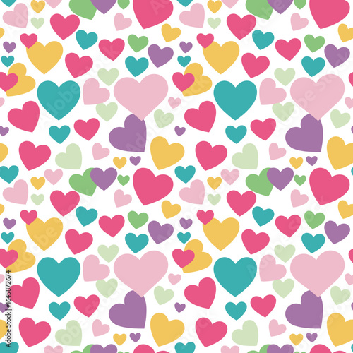 Wallpaper Mural Seamless Pattern with Colorful Hearts Pink, Teal, Yellow, Purple, and Green on White Background Torontodigital.ca