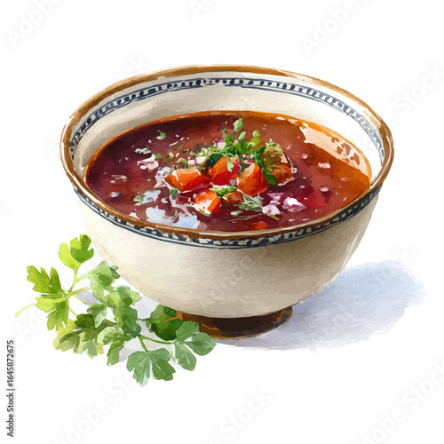 Black Bean Soup in watercolor style, vector illustration, isolated on white background.