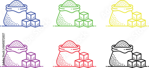 Six colorful sugar bags with sugar cubes in blue green yellow purple red and black on white background