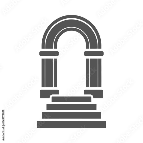 A stylized, monochromatic graphic depicting a classical arched entryway with tiered steps leading up to an opening, suggesting passage or entrance.