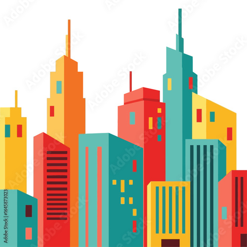 Colorful stylized cityscape illustration with various tall buildings and skyscrapers against a white background, rendered in a flat, geometric style.