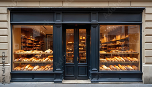 Traditional Parisian bakery window displays abundant fresh breads, pastries. Rustic facade with classic architecture invites customers. Delicious baked goods like baguettes, croissants, donuts