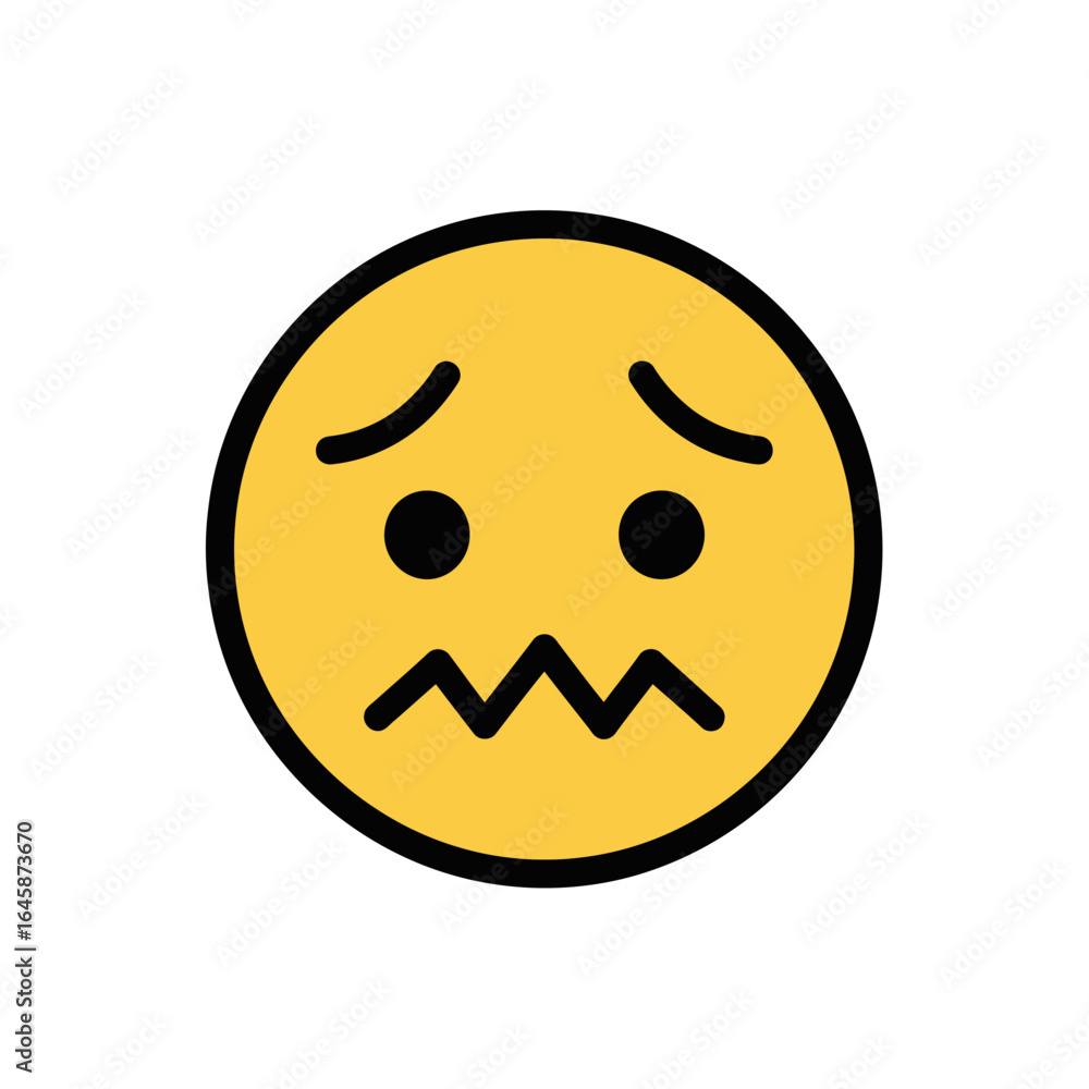 Fototapeta premium A yellow circular emoji with downturned eyebrows and a zig-zag mouth, expressing anxiety, nervousness, or worry.