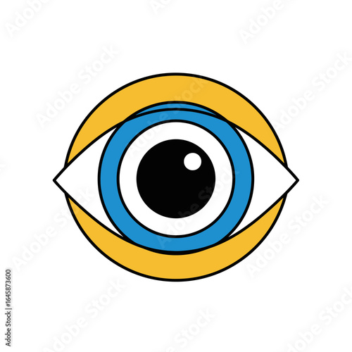 A stylized graphic illustration of a wide-open eye with a blue iris and yellow eyelid.