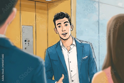 Charismatic young businessman confidently pitching an idea in an elevator with colleagues