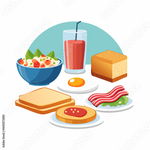 Flat style breakfast icon set featuring classic morning meals