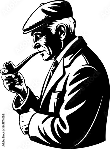 A classic silhouette of an elderly man gently holding or smoking a traditional pipe 