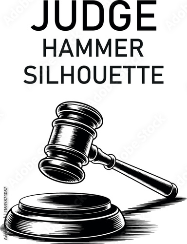 Iconic judge's gavel poised to strike, symbolizing justice, law, and legal decisions in a stark silhouette