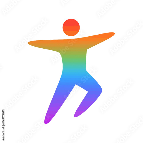 Colorful silhouette of a person with arms outstretched, appearing to jump or dance, rendered in a gradient of rainbow colors.