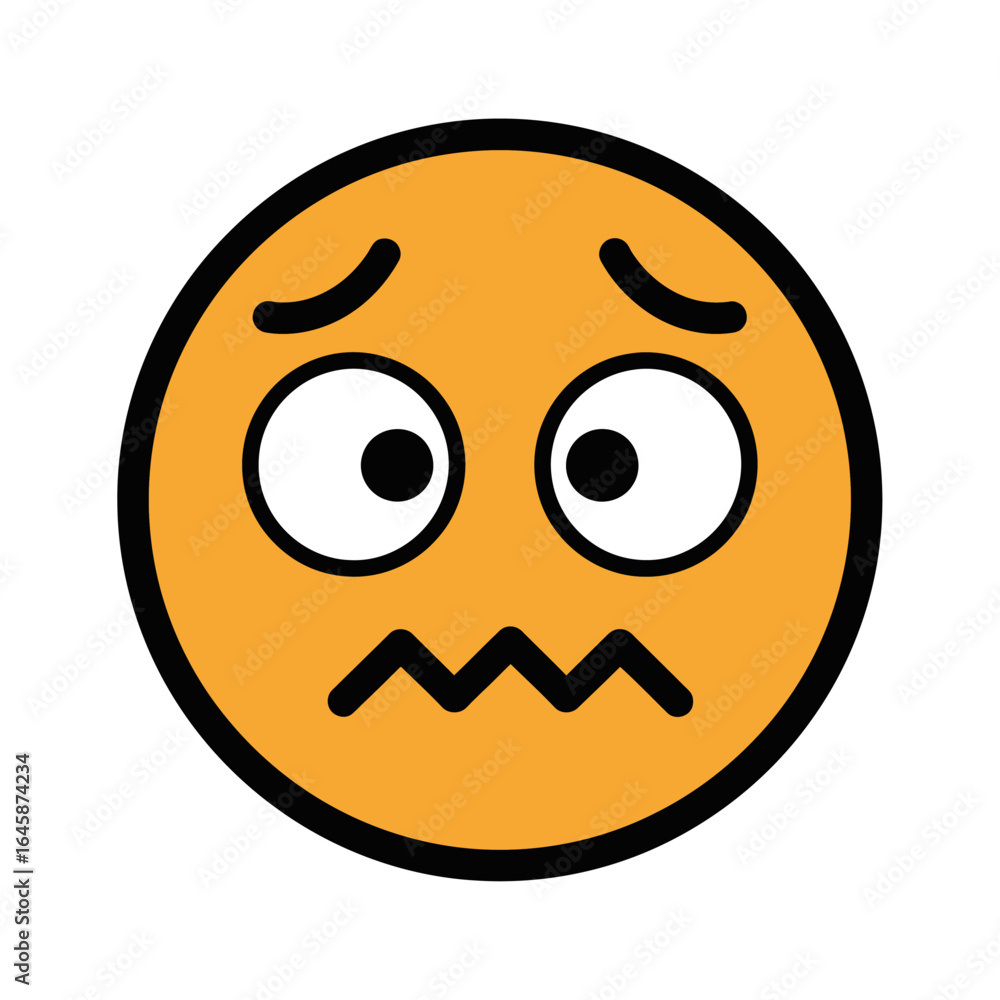 Fototapeta premium A round yellow emoticon showing anxiety and nervousness with wide eyes, worried eyebrows, and a jagged mouth.