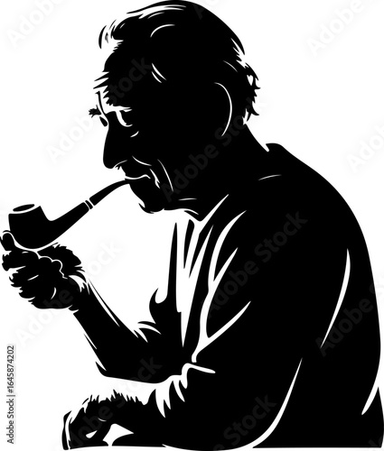 A classic silhouette of an elderly man gently holding or smoking a traditional pipe 