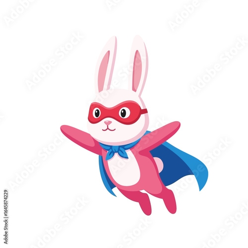 A cute pink superhero rabbit with a red mask and blue cape flying through the air.