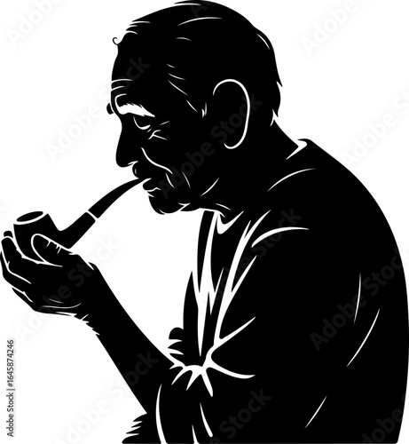 A classic silhouette of an elderly man gently holding or smoking a traditional pipe 