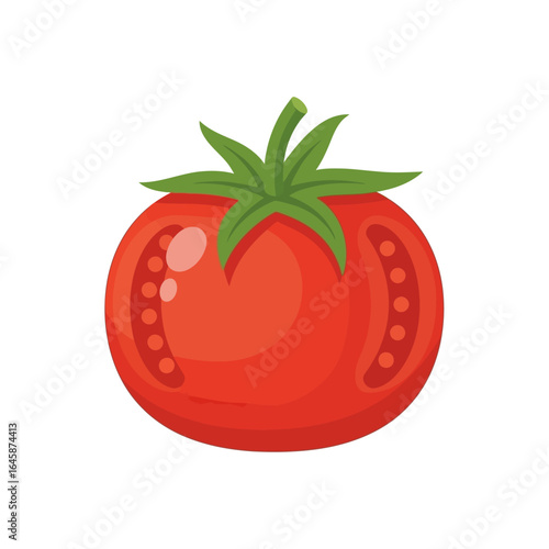 A vibrant, cartoon-style illustration of a ripe, juicy red tomato with green leaves.