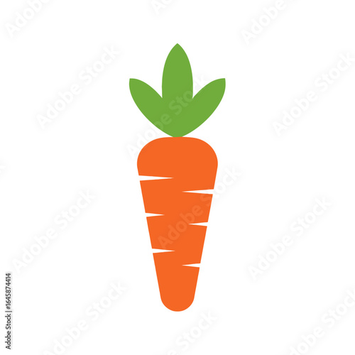 A vibrant, cartoon-style illustration of a single, fresh orange carrot with green leaves.