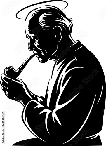 A classic silhouette of an elderly man gently holding or smoking a traditional pipe