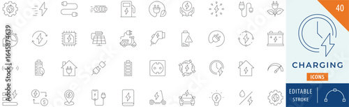 Charging icon collection set. Editable stroke.
