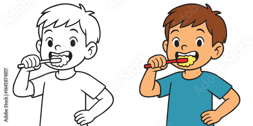 Coloring page cute boy brushing his teeth cartoon. Clean white tooth. Healthy teeth. Vector illustration