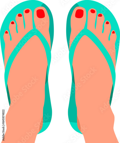 Female feet in turquoise flip flops with red pedicure on white background.