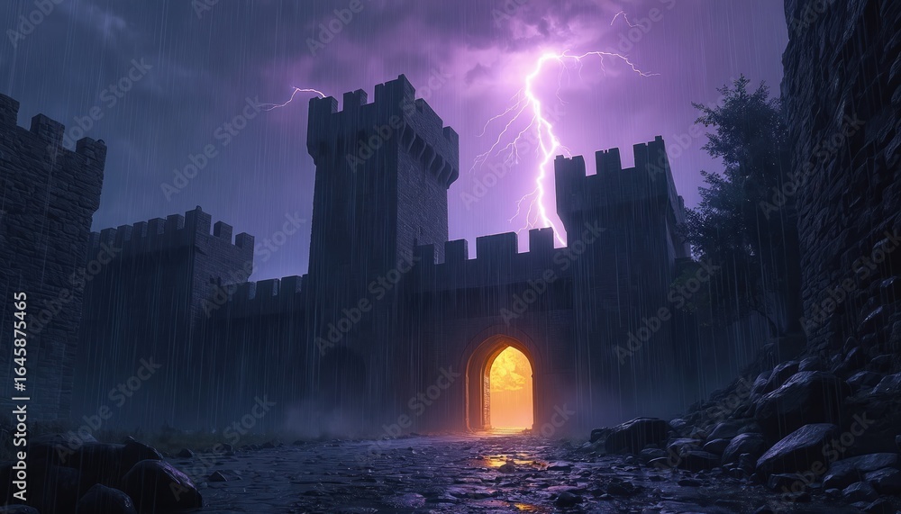 Fototapeta premium Fortified castle stands on stormy night with heavy rain, lightning illuminating dark sky. Ancient stone fortress with towers, walls presents ominous, gothic silhouette against dramatic atmosphere.