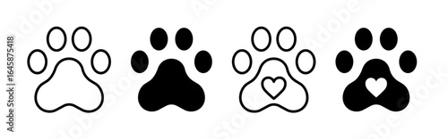 Pet paw icon set. Heart with dog, cat pet footprint. Paw print sign and symbol. Transparent png and vector illustration.