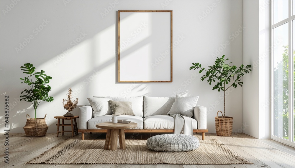 Obraz premium Modern Minimalist Living Room Interior with White Sofa and Potted Plants Sunlight