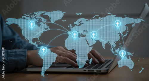 Woman doing global online church or religious network on laptop, connecting people and communities worldwide for virtual worship and spiritual outreach.