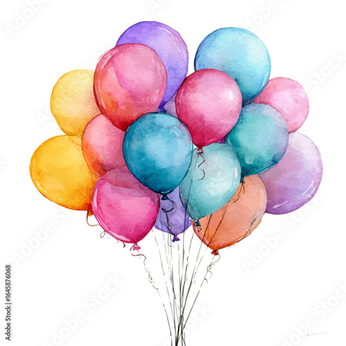 Birthday Balloons Bouquet in watercolor style, vector illustration, isolated on white background.