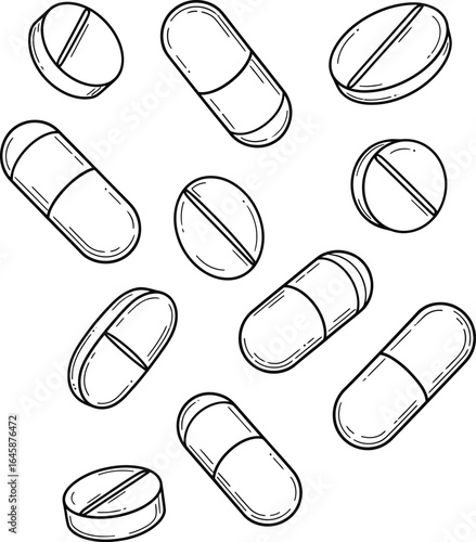 A 3D vector illustration of a set of red and white medical pills and capsules for healthcare and pharmacy