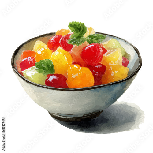 Chilled Fruit Salad, watercolor painting, vector illustration, isolated on a white background.