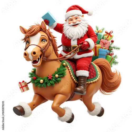 Santa Claus riding a horse and holding a gift with festive decorations  