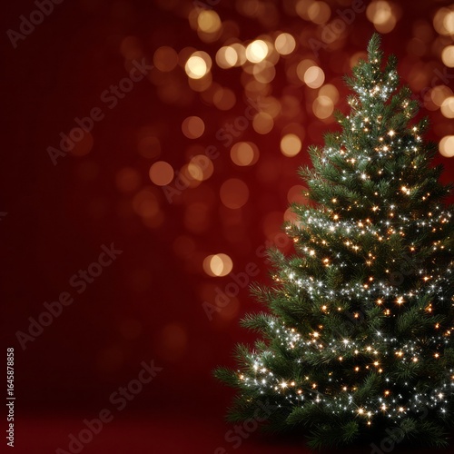 Elegant Christmas Tree Adorned with Sparkling Lights Against a Festive Red Background for Holiday Celebrations