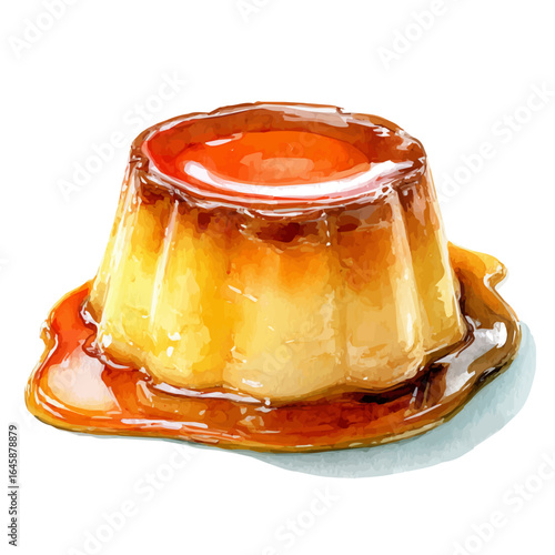 Caramel Flan, watercolor painting, vector illustration, isolated on a white background.