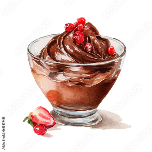 Chocolate Mousse, watercolor painting, vector illustration, isolated on a white background.