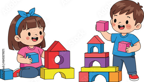 Cute happy little boy and girl playing with building blocks, creating toy castles and houses, having fun together, enjoying free time at home.