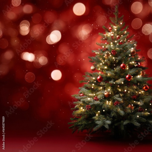 Beautifully Decorated Christmas Tree with Warm Lights Against a Festive Red Background for Holiday Celebrations